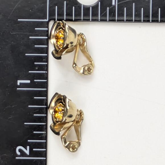 Vtg Clip-On Earrings Lewis Segal Signed Gold Tone Rose Amber Rhinestones Flower - Picture 6 of 6
